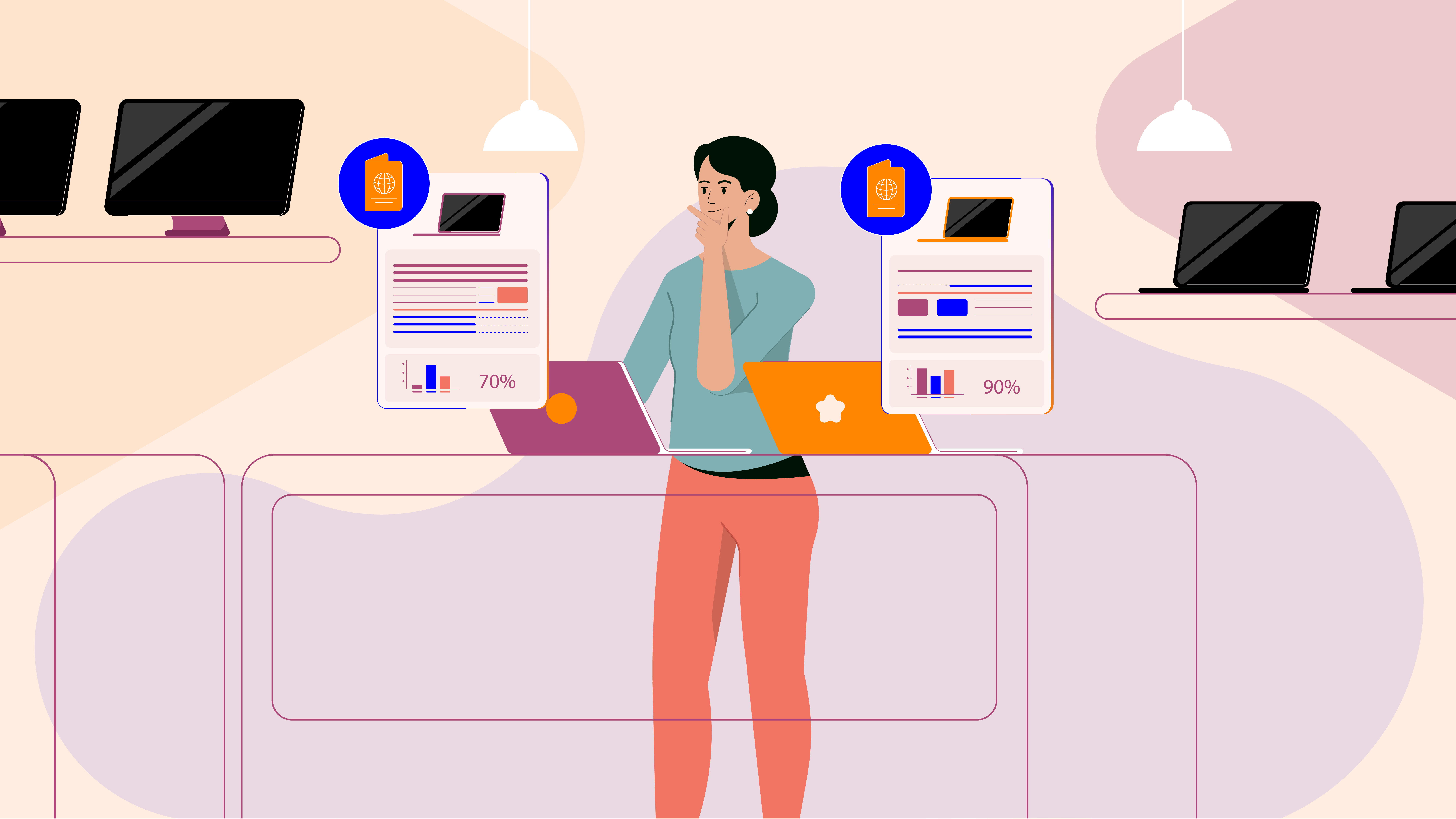 Illustration: a woman deciding between two laptops based on their digital product passports